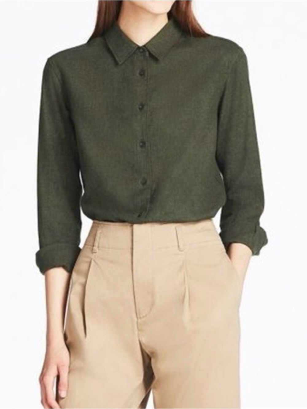Uniqlo 100% Cotton Flannel Olive Army Moss Green Cozy Button-Down Shirt M EUC